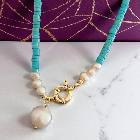 🆕Turquoise & Freshwater Pearls Beaded Necklace | 14K Gold Accents | Trendy Chic - Picture 13 of 13